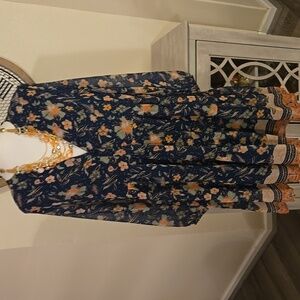 Indigo Soul Floral Long Sleeve Dress - Blue and Salmon